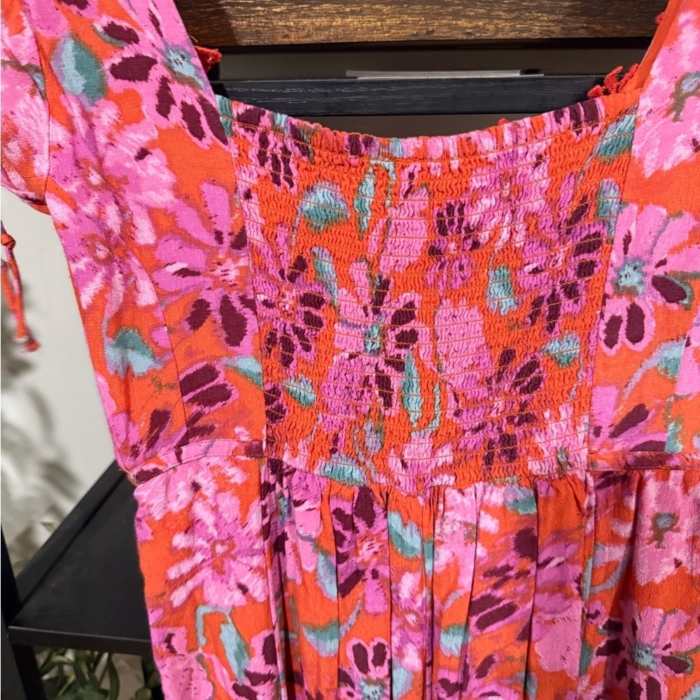 Free People Floral Midi Dress Pink Orange Lace Trim Small - Picture 13 of 13